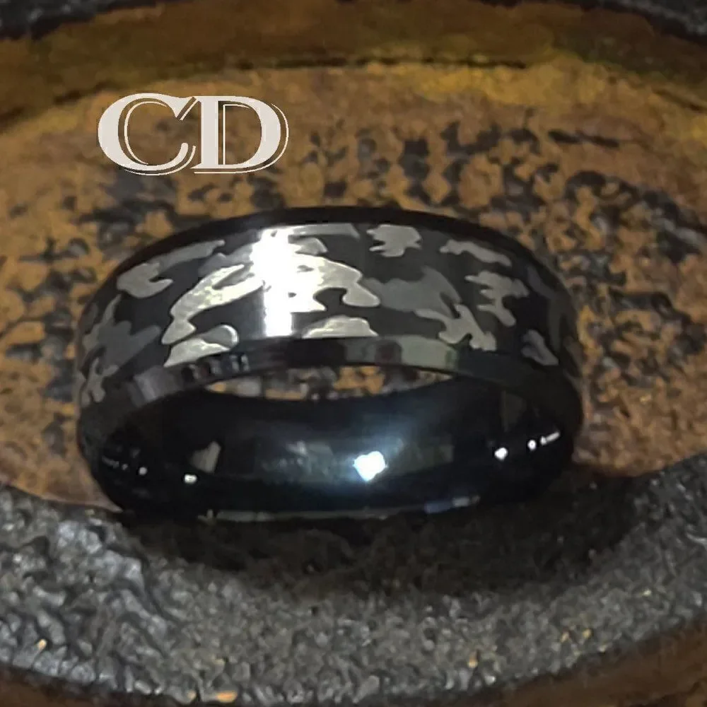 Men's Urban Black and Grey Camo Wedding Ring Band - Camouflage Wedding Ring - Picture 1 of 8